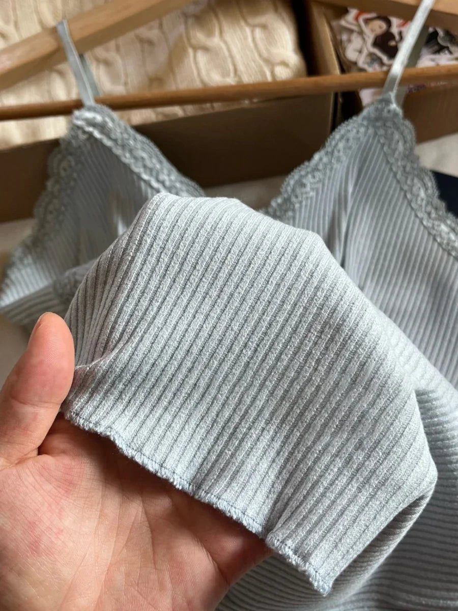 Sweet Lace Trim Blue V-neck Tank Tops Women Summer New Cotton Sleeveless Ribbed Slim Camisole Female Cute Vintage Vests Y2k