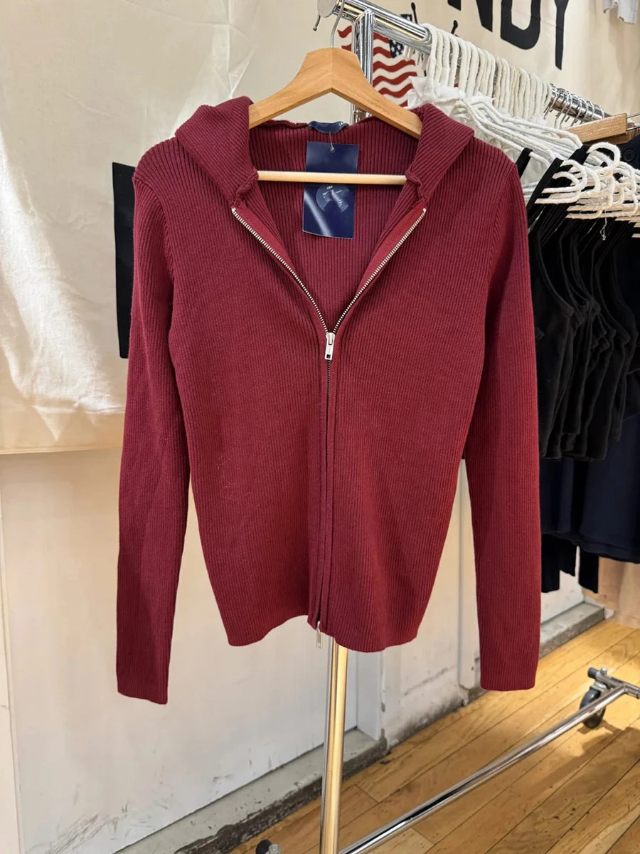 Burgundy Knitted Hoodies Tops Women Autumn New Casual Cotton Double Zipped Jumpers Coat Vintage Chic Basic Cardigan Sweaters Y2K