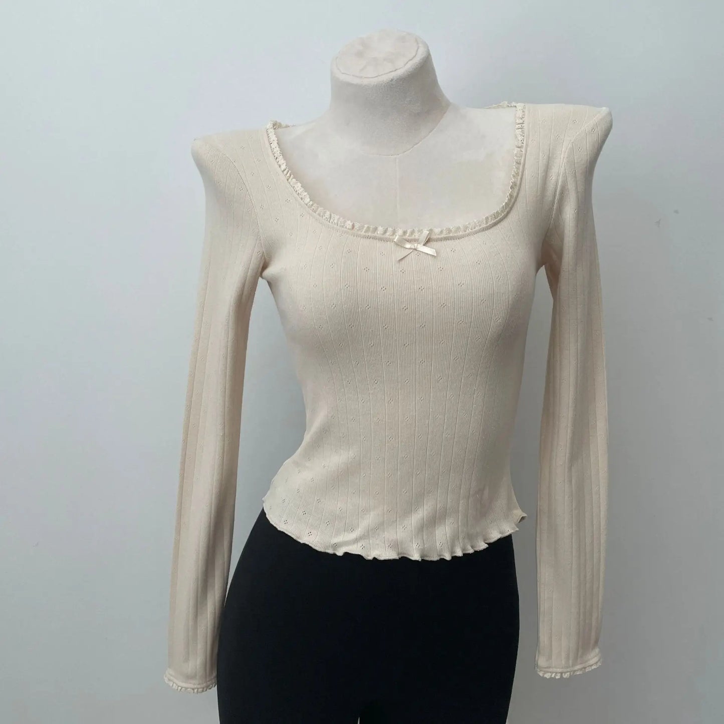 Solid Hollow Out Cotton Soft T-shirts Spring Bow Lace Trim Square Neck Long Sleeve Tee Slim Chic Sweet Vintage Cute Crop Tops