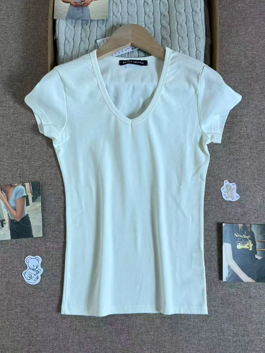 Solid V-neck Short Sleeve Tees Women Casual Streetwear Slim Cotton Tops Clothes Simple Basic Preppy Style T-shirts Y2K