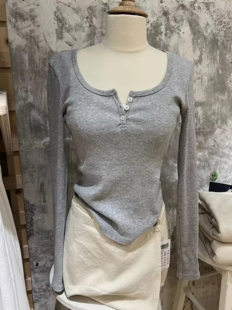 Navy Three Buttons Ribbed Long Sleeve T-shirts Women Soft O-Neck Tshirt Top Female Vintage Cute Preppy Style Y2k Streetwear Tees