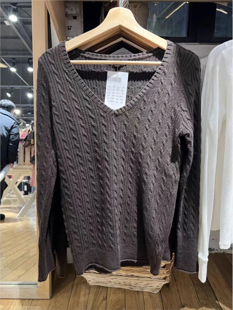 Brown Twisted Flower Sweater Spring Deep V-neck Raw Hem Long Sleeve Pullover Top Vintage Casual Preppy Style Woman's Jumpers