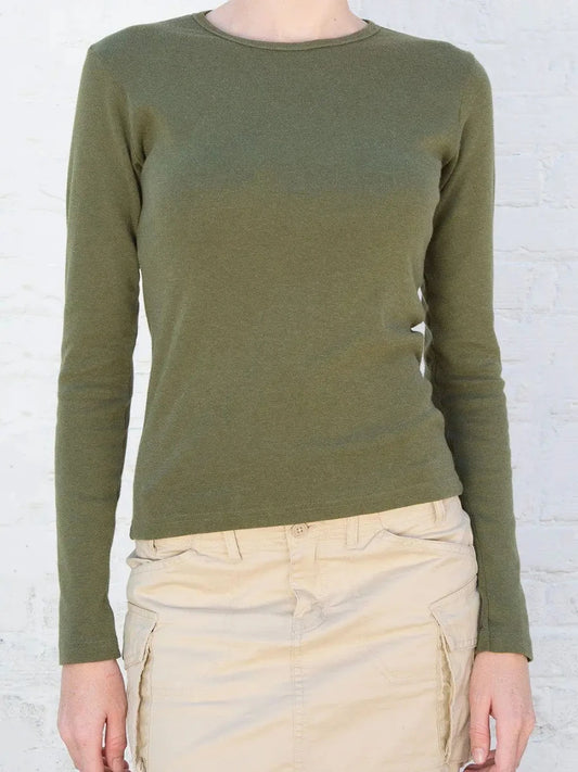 Army Green Long Sleeve Tees Women Autumn Simple Chic O-neck Slim Cotton Basic Tee Clothes Streetwear Vintage Casual T-shirts Y2K