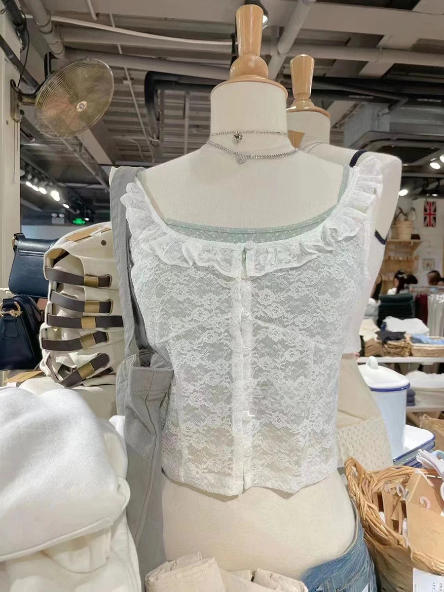 Sweet White Ruffles Buttons Crop Tops Women Summer Cotton Scoop Neck Preppy Short Sleeve Tee Vintage Chic Slim Cute T-shirts Y2K