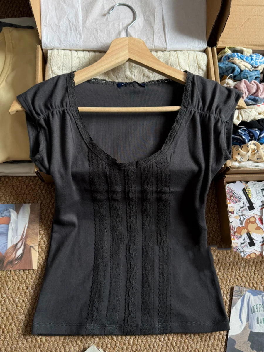 Black Lace Trim Tshirt Women Summer Simple Cotton Slim Crew Neck Short Sleeve Cropped Tees Vintage Streetwear Chic T-shirts Y2K