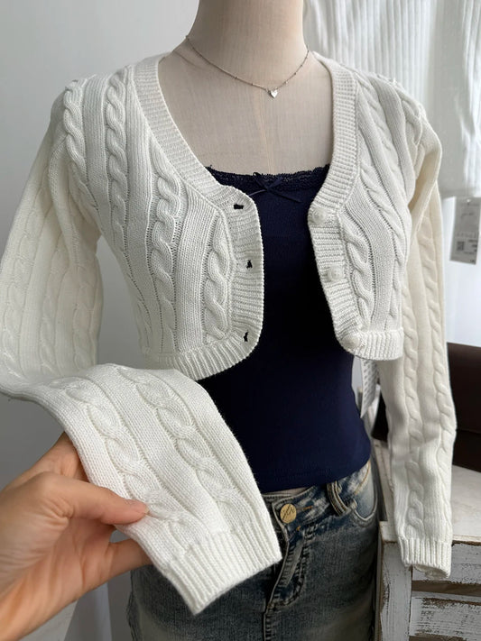Twisted Flower Cropped Knitwear Women Cotton V-neck Long Sleeve Slim Crop Tops Sweater Sweet Vintage Chic Zoa Cardigan