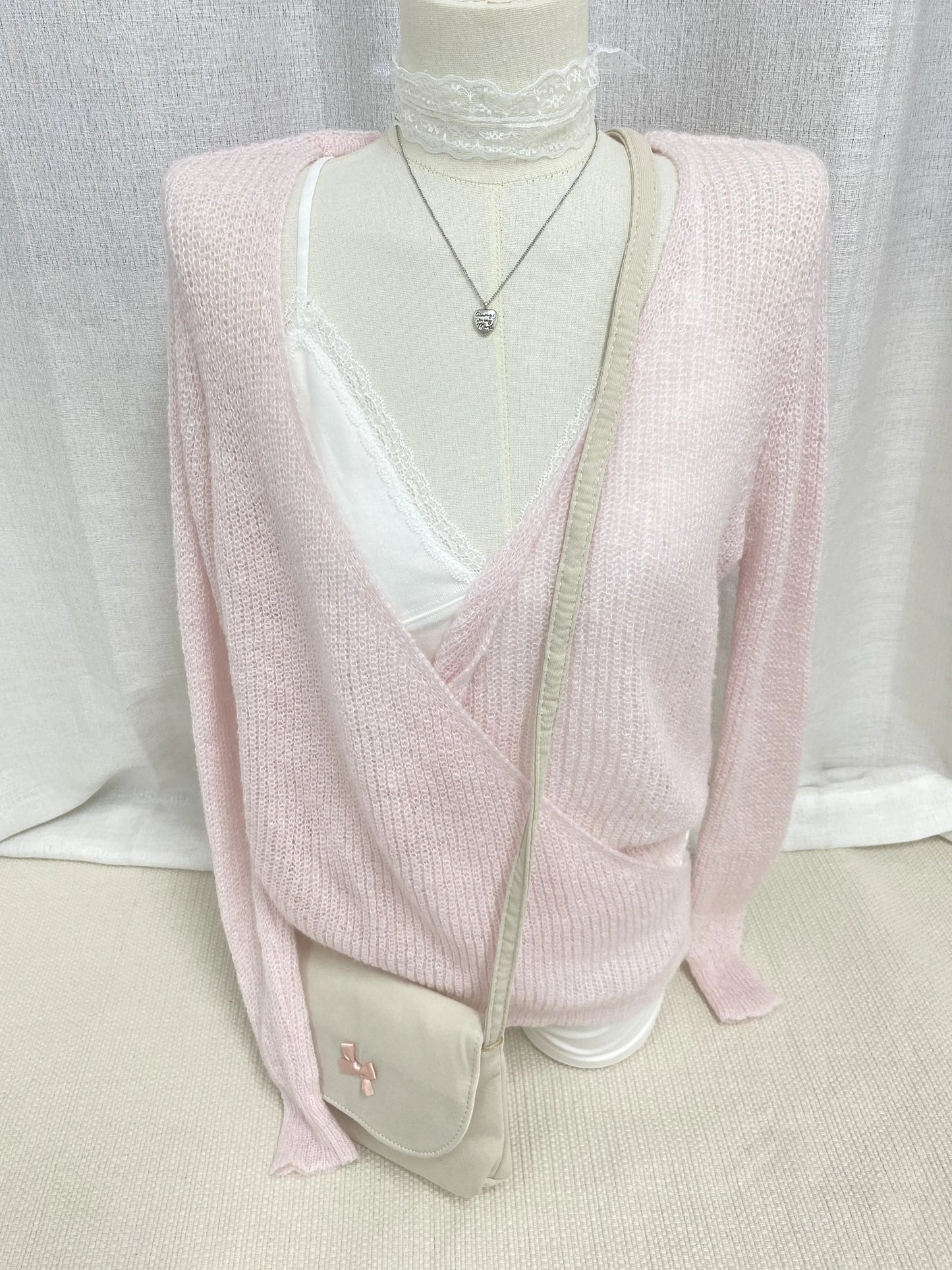 Pink Sweet Lace-up Knitted Mohair Sweater Cardigan Women Autumn V-neck Long Sleeve Cute Sweaters Preppy Style Knitwear Crop Tops