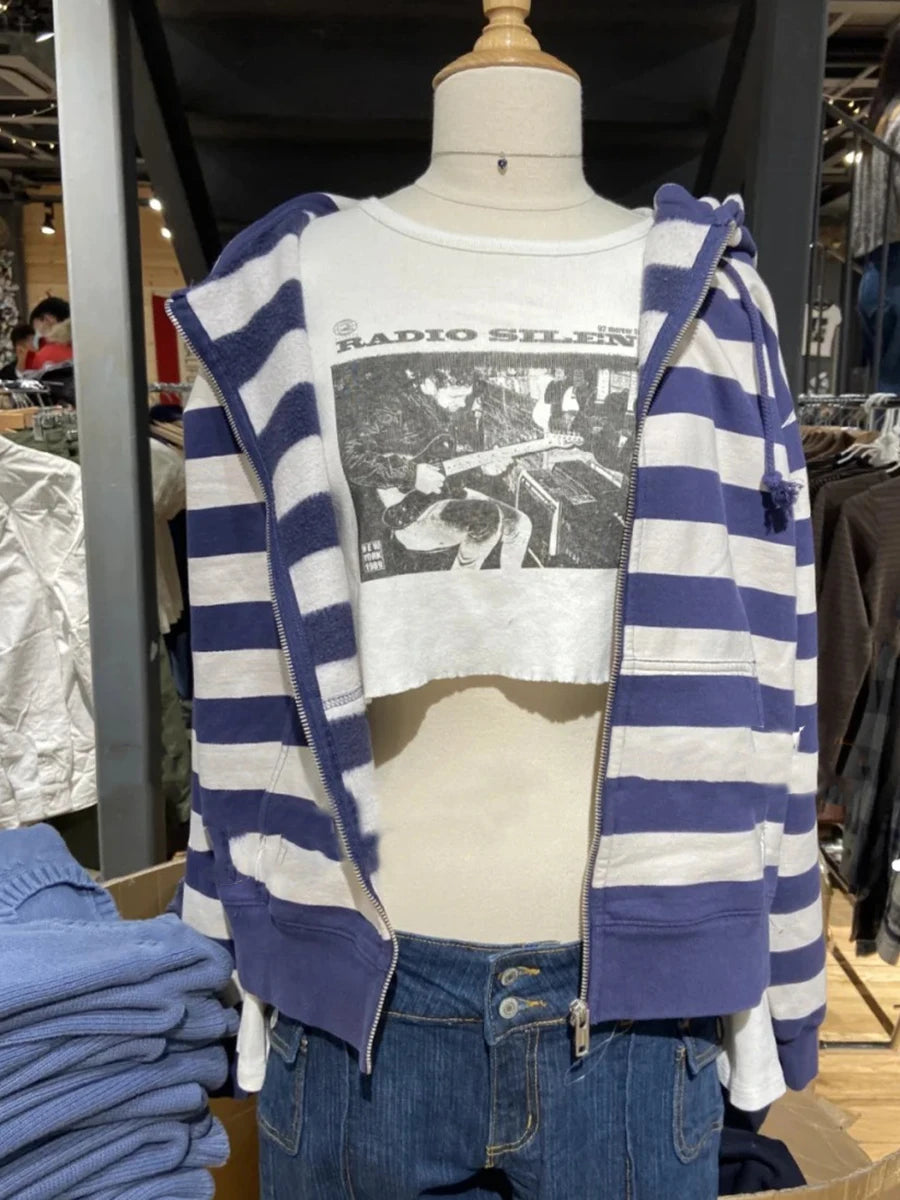 Fashion Striped Pockets Knitted Hooded Sweater Women Autumn Cotton Retro Crop Pullover Tops Vintage Chic Sweet Cardigan Jumper