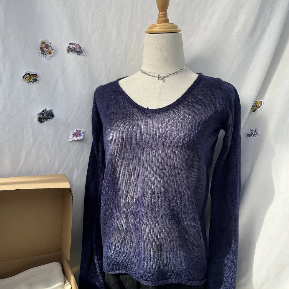 Sweet Beige Knit V-neck Long Sleeve Tees Women Autumn New Cotton Slim Chic Raw Hem Simple Tops Female Vintage Basic Y2K T-shirts
