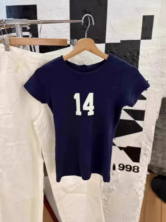 NO.14 Print Slim Navy T-shirts Women New Cotton Casual O-neck Short Sleeve Tees Girl American Vintage Streetwear Tshirt Y2K Tops