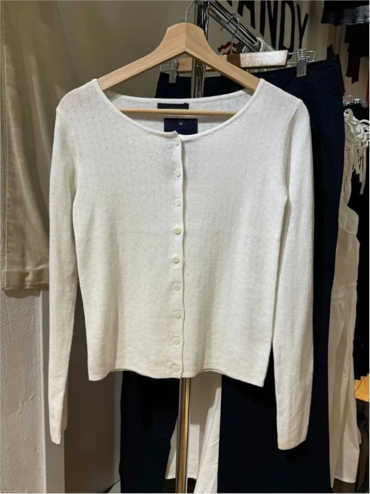 Eyelet Drak Gray Cotton Cardigan Women Autumn Casual Streetwear Buttons Knitted Long Sleeve Tees Simple Sweet Basic Tops New