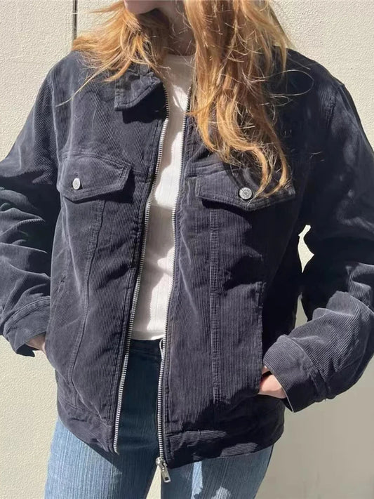 Corduroy Navy Lapel Zipper Pockets Loose Jacket Women Autumn New Cotton Thick Warm Casual Coat Top Vintage Simple Outerwear Y2K