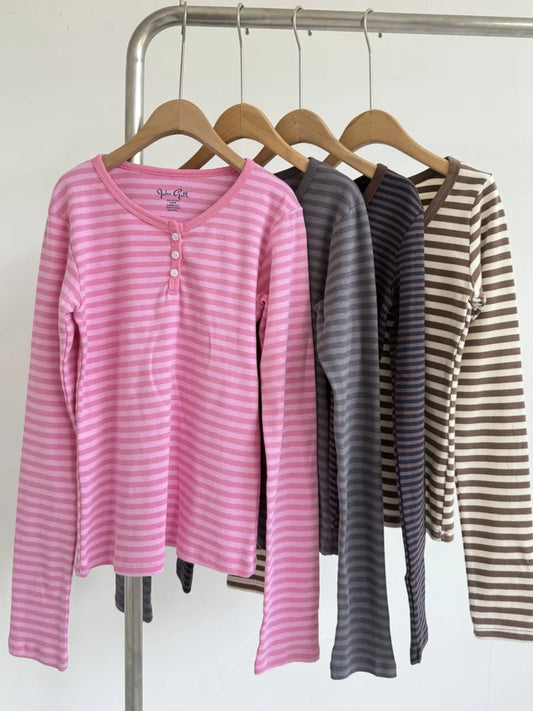 Pink Striped Slim Long Sleeve Tees Women Spring Casual Cotton O-neck Tshirt New Tops Clothes Sweet Cute Vintage T-shirts Y2K