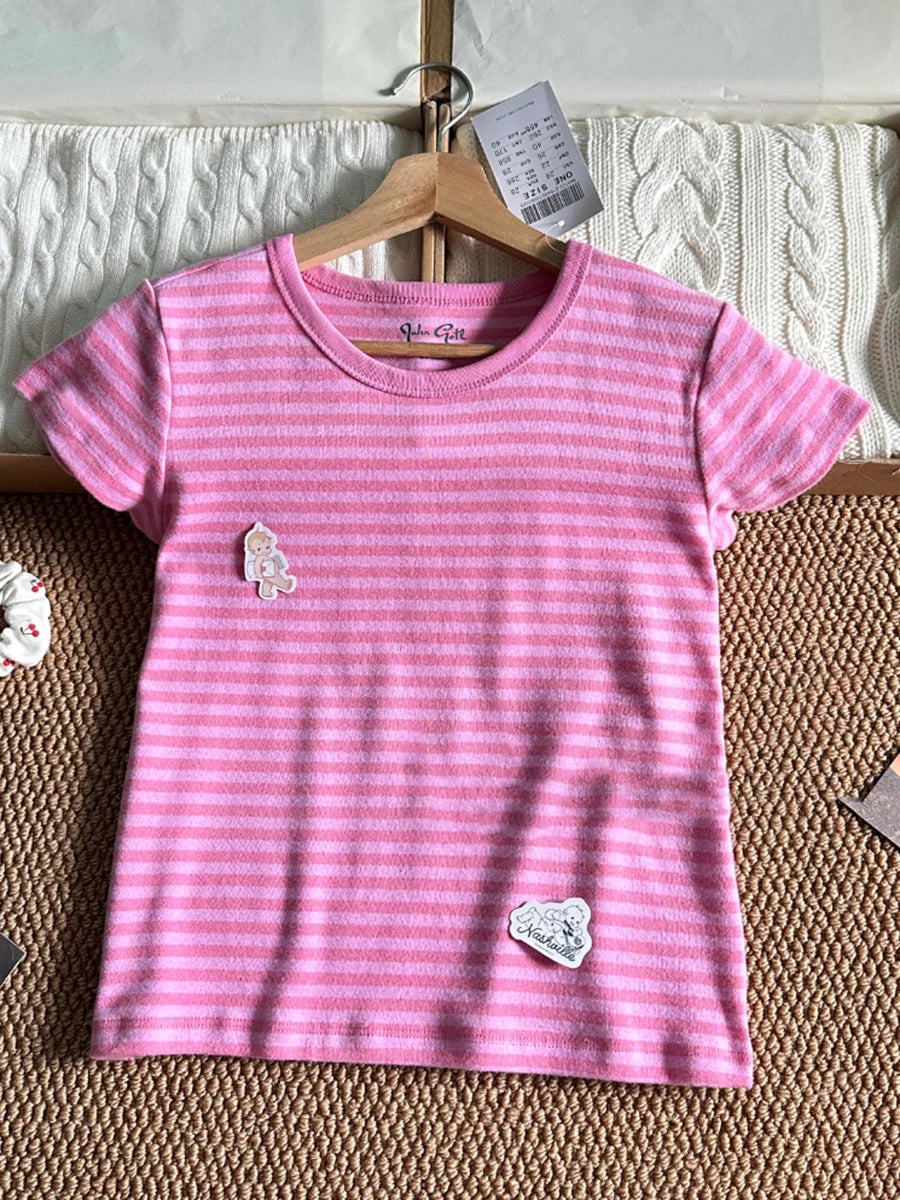 Blue Striped Slim Long Sleeve Tees Women Spring Casual Cotton O-neck Tshirt New Tops Clothes Sweet Cute Vintage T-shirts Y2K