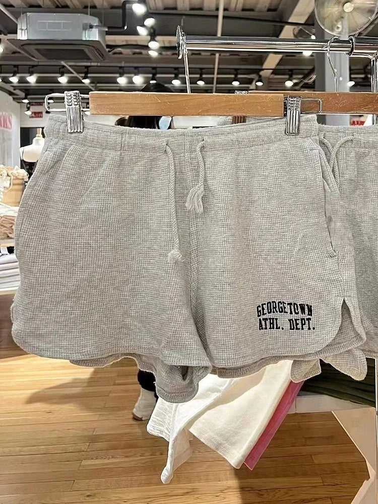 Retro Dragon Embroidery Gray Shorts Women Summer Waffle Lace-up Elastic High Waist Casual Sweatshorts Vintage Chic Y2K Bottoms