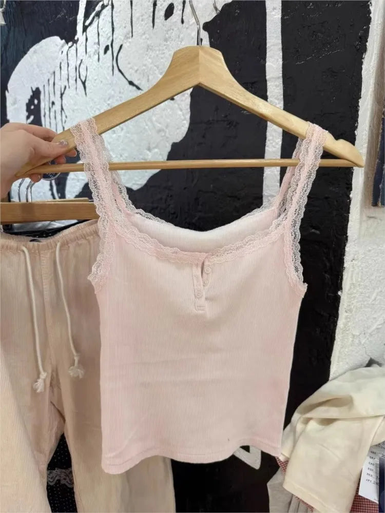 Sweet Purple Lace Trim Ribbed Camis Women New Cotton Buttons Slim Sleeveless Vests Basic Preppy Style Cute Cropped Tank Tops Y2K