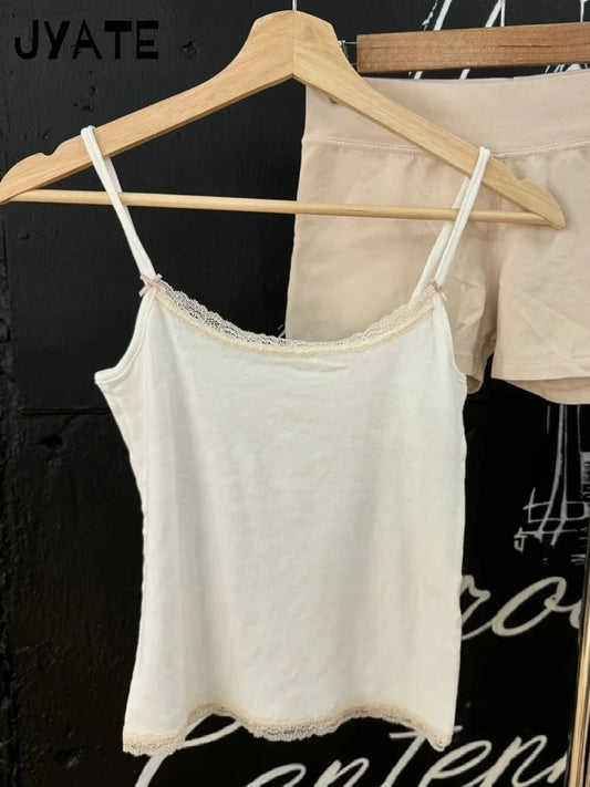 White Lace Trim Bow Slim Tank Tops Women Summer New Cotton Casual Basic Sleeveless Cropped Vests Sweet Chic Vintage Camisole Y2K