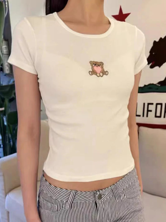 Fashion Heart Bear Embroidery Crop Tops Women 2024 New Cotton Casual Streetwear Short Sleeve Tee Vintage Sweet Cute T-shirts Y2K