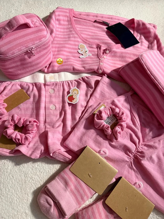 Sweet Pink Striped Collection Tshirt Women Simple Casual Cotton Buttons T-shirts Cute Preppy Style Y2KCamisole+Slim Short Pants