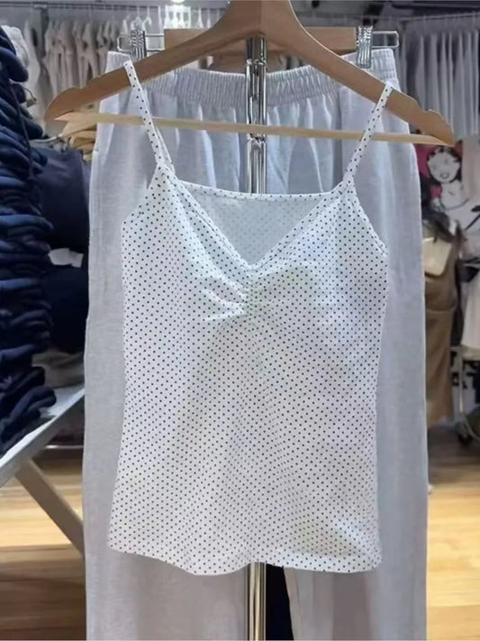 Polka Dots Print Folds Camisole Women Summer New Cotton Soft Casual Slim Sleeveless Female Vest Sweet Vintage Cute Tank Tops Y2K