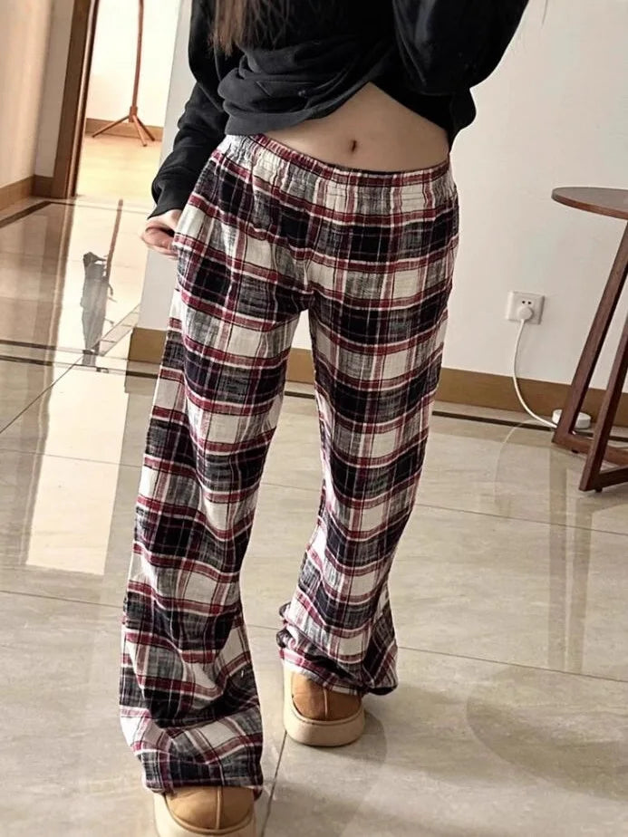 Vintage Red Plaid Drawstring Straight Pants Women Autumn Cotton Casual Elastic High Waist Pant Loose Chic Y2K Baggy Sweatpants