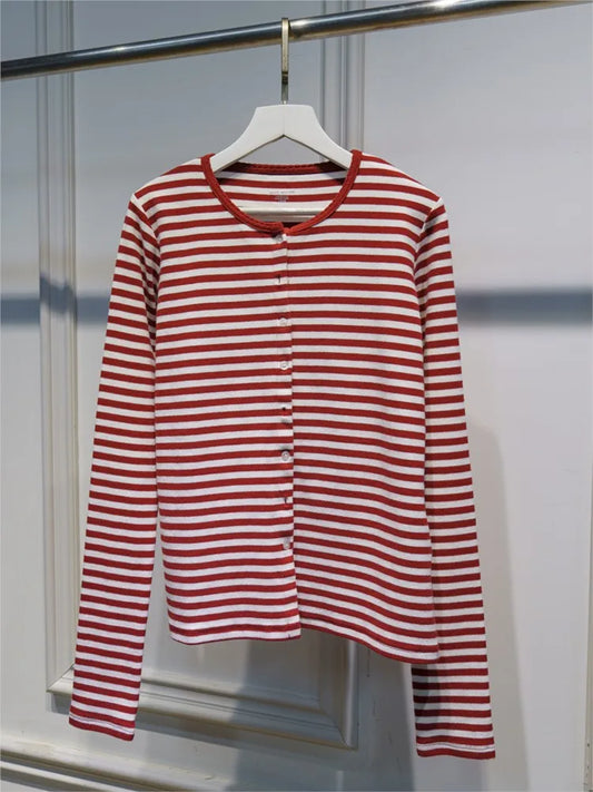 Simple Striped Slim Long Sleeve T-shirt Women Lace Trim O-neck Single Breasted Cotton Tee Shirts Sweet Cute Preppy Style Top New