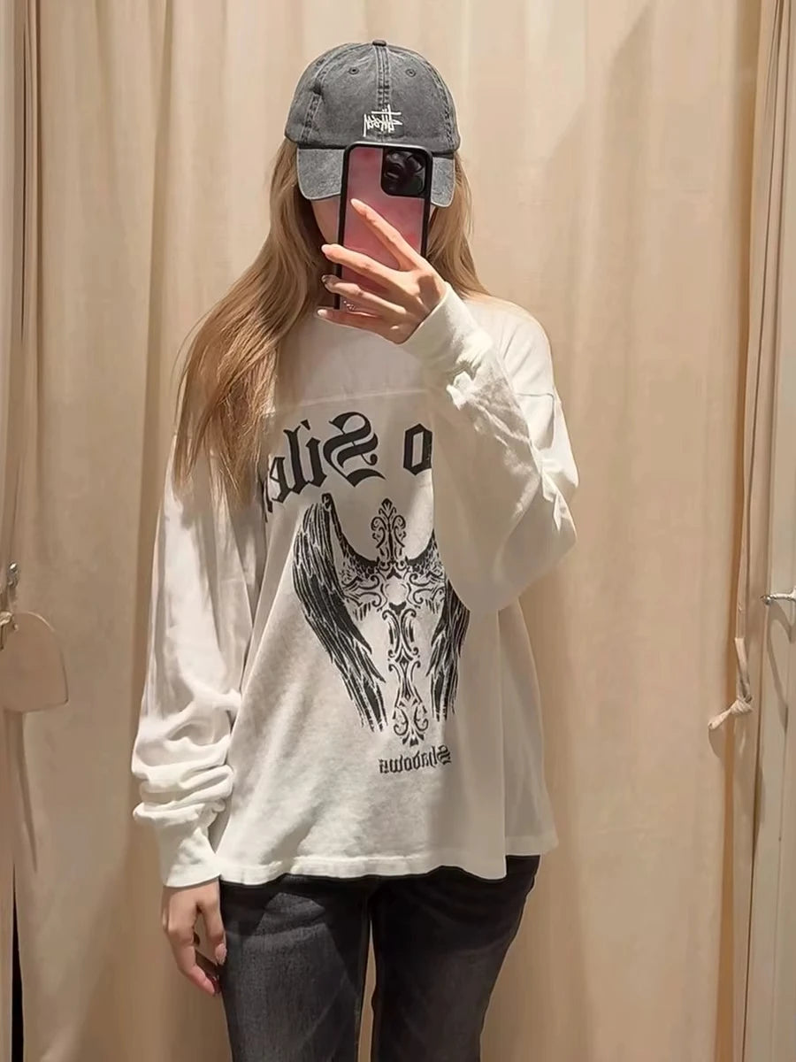 Wing Letter Print T-shirt Woman Spring O-neck Cotton White Long Sleeve Tshirt Female Vintage Streetwear Preppy Style Tee Tops