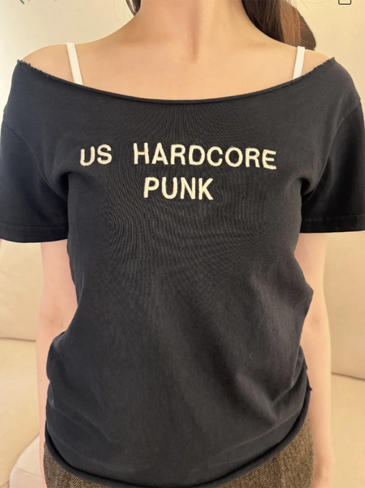 Letter Print Slash Neck T-shirts Women Summer New Black Raw Hem Cotton Short Sleeve Tees Vintage Cute Harajuku Tshirt Y2K Tops