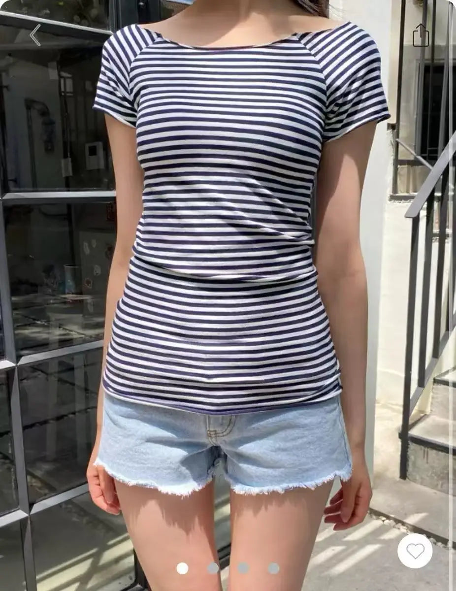 American Striped Slash Neck Slim Crop Tops Women 2024 New Cotton Soft Raw Hem Short Sleeve Tees Vintage Sweet Chic T-shirts Y2K