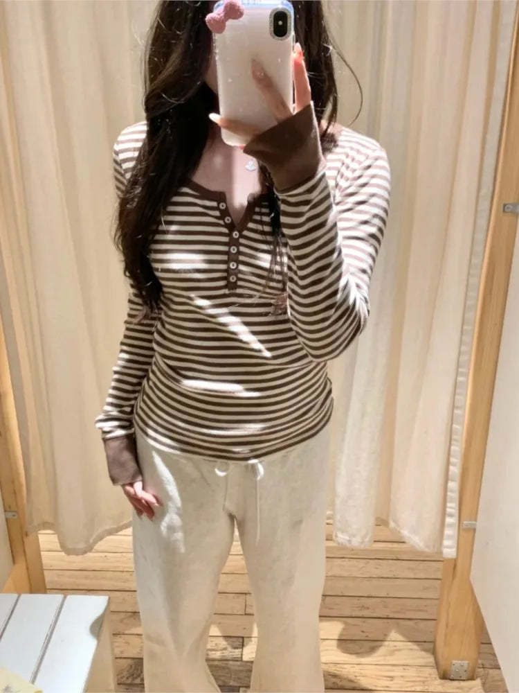 Zelly Tops Brown Striped Patchwork Long Sleeve Tees Women Casual Chic Cotton Buttons T-shirt Cute Preppy Style Slim Tshirt Y2K