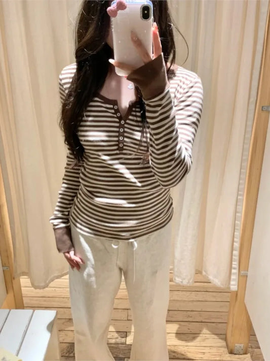 Zelly Tops Brown Striped Patchwork Long Sleeve Tees Women Casual Chic Cotton Buttons T-shirt Cute Preppy Style Slim Tshirt Y2K