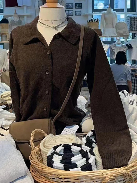 Sweet Simple Beige Buttons Knitted Cardigan Women Cotton Warm Turn Down Collar Sweaters Coat Vintage Cute Preppy Sweater Tops