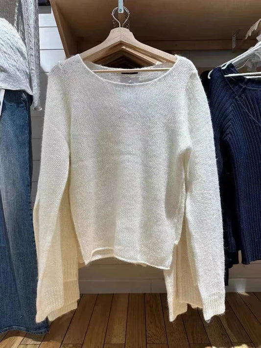 Beige Hollow Out Knitted Long Sleeve Tees Women Vintage Cotton Scoop Neck Thin Smock Tops Women Streetwear Casual T Shirt Y2k