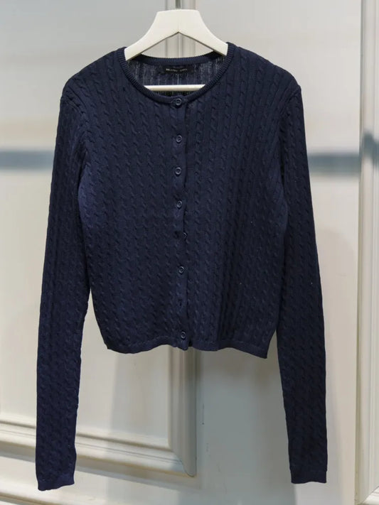 Navy Twist Knitted Cardigan Women Autumn Simple O-neck Casual Preppy Style Long Sleeve Jumper Vintage Cute Basic Sweater Tops