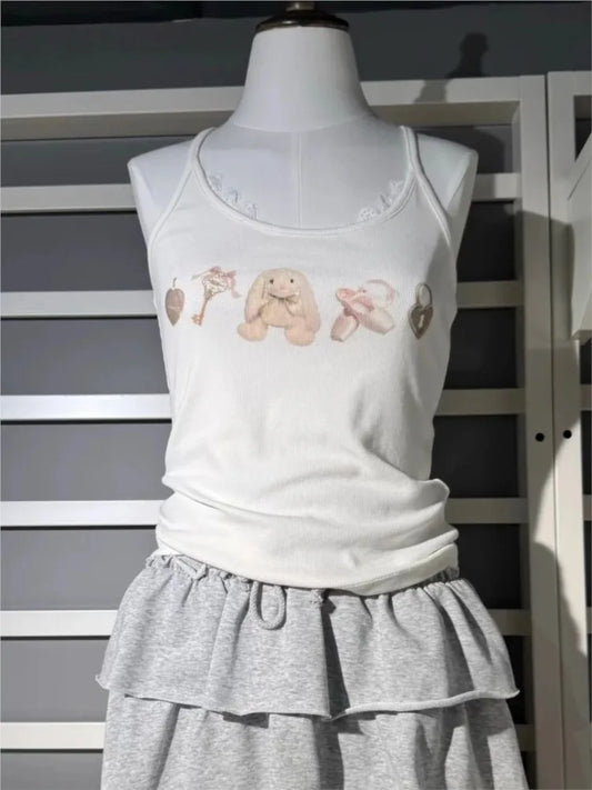 Cute Graphic Print Ribbed Slim Camisole Woman Summer Lace Trim U Collar Cotton Tank Tops Female Sweet Fairycore Crop Top OOTDS
