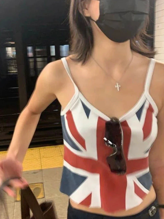 Vintage Flag Print Slim Tank Tops Women Summer New Cotton Soft Casual Streetwear Sleeveless Vests Harajuku Sweet Chic Camis Y2K