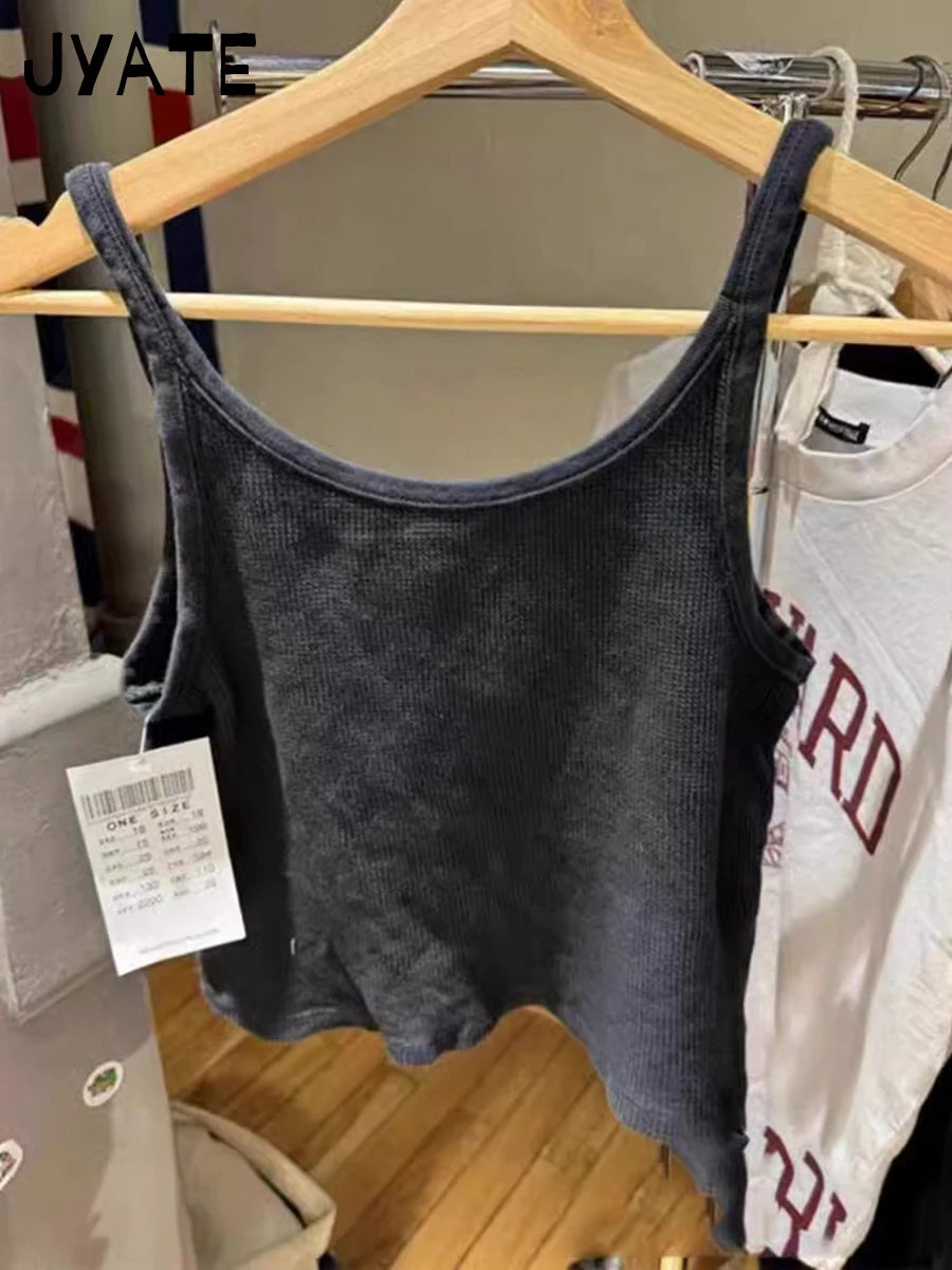 Harajuku Guitar Print Cotton Ribbed Tank Tops Women Casual Slim Classic Black U-neck Cropped Vests Vintage Chic Simple Camisole
