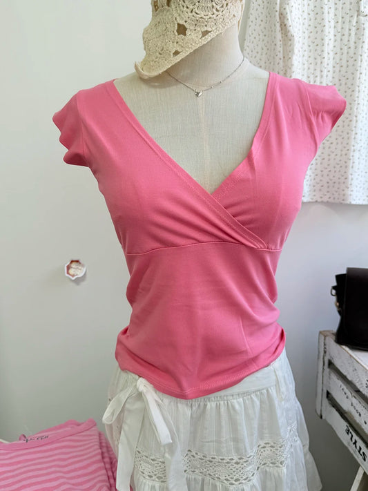 Rose V-neck Sleeveless T-shirts Women Summer Casual Fairy Style Slim Cotton Crop Tops Female Sweet Cute Ballecore Vests Y2K