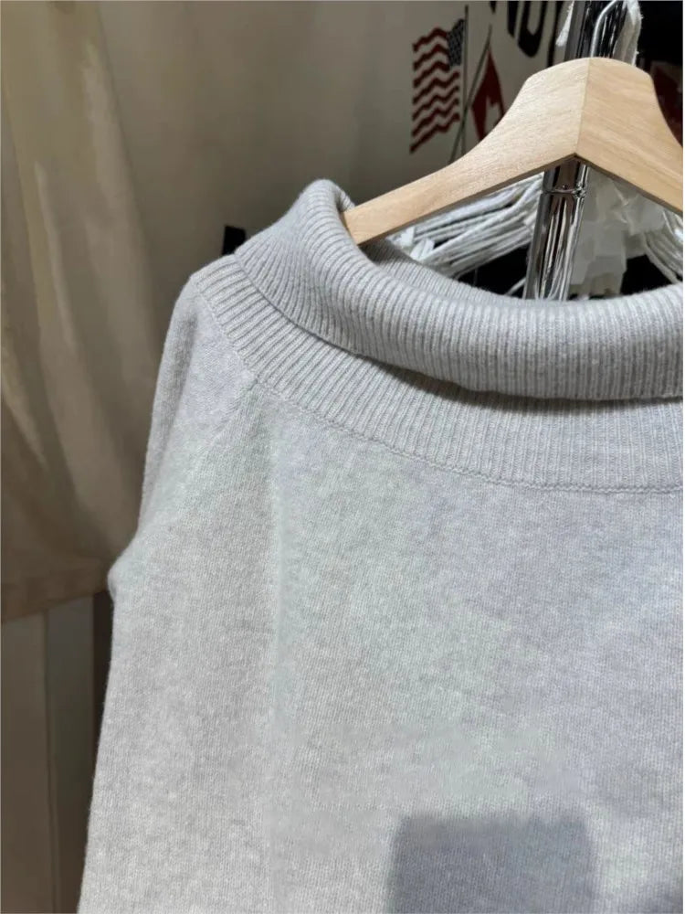 Simple Gray Slash Neck Slim Knitted Sweater Women Casual Long Sleeve Cotton Pull Sweaters Vintage Sweet Preppy Style Jumpers Y2K