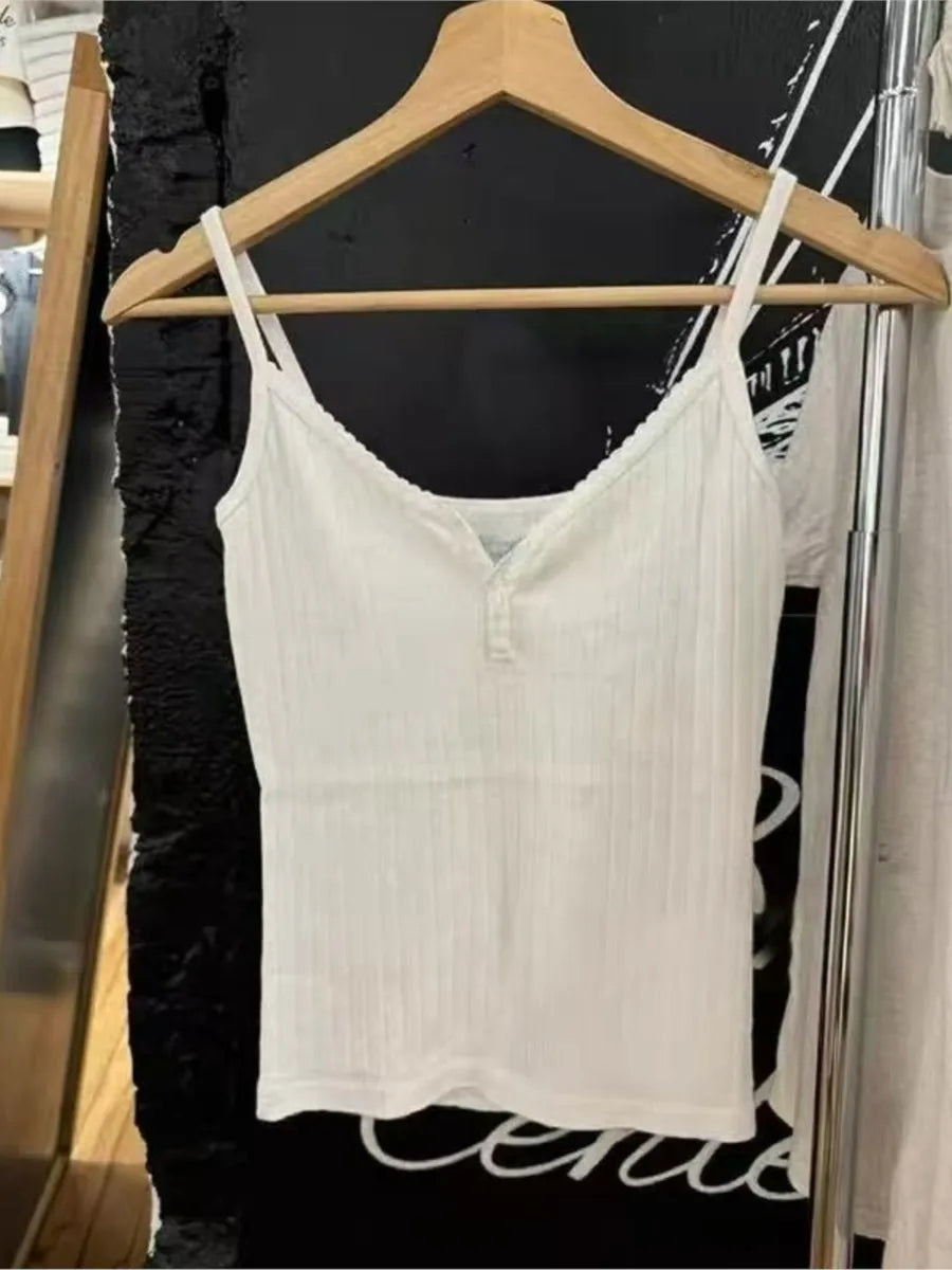 Solid Four Buttons Slim Crop Top for Woman Summer V-neck Cotton Cropped Camisole Fashion Streetwear Tank Tops New Y2k Vest