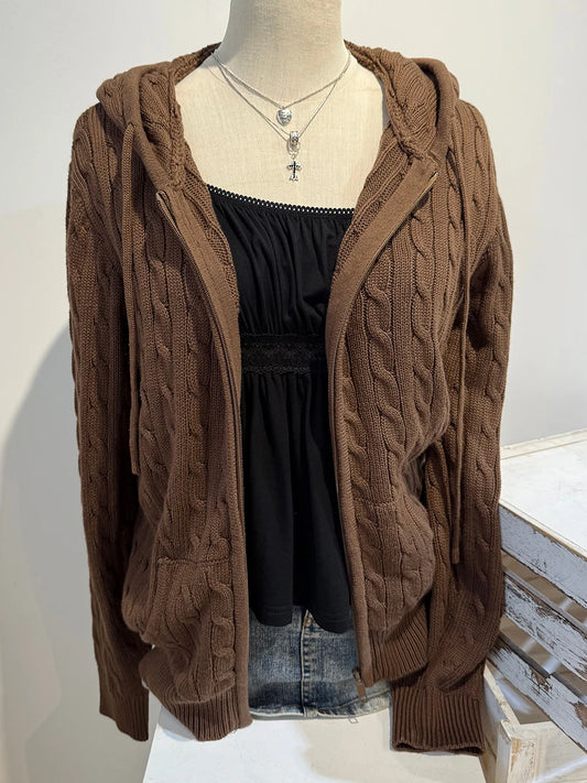 Brown Twisted Flower Hooded Zipper Coat Women Autumn Long Sleeve Pocket Knit Cardigan Sweater Sweet Preppy Style Knitwear