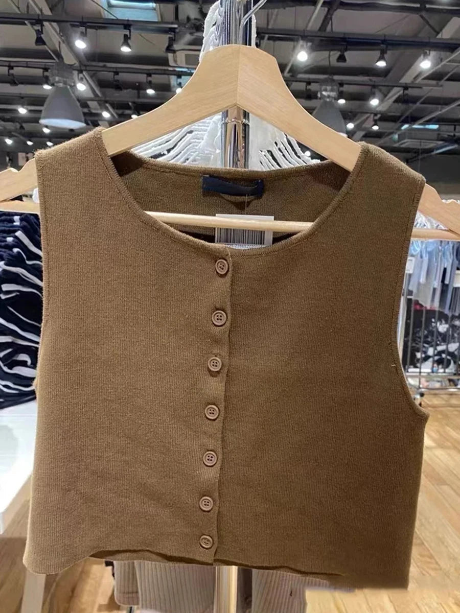 Sweet White Cotton Single Breasted Tank Tops Women Casual Simple O-neck Knit Vests Clothes Female Vintage Slim Chic Crop Top Y2K