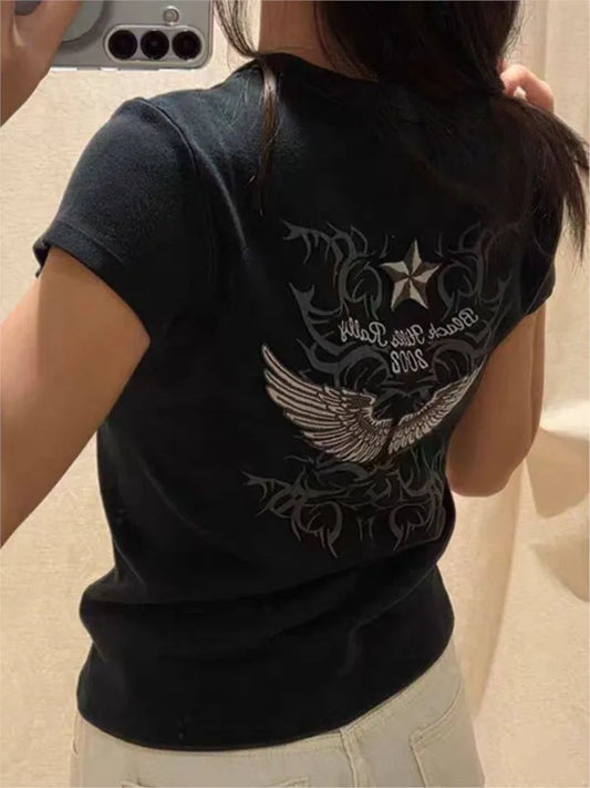 Back Wing Embroidery T-shirts Women Summer Round Neck Short Sleeve Tshirt Top Female Vintage Streetwear Cotton Tee Tops Y2K