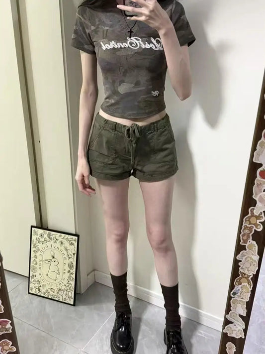 Vintage Army Green Cargo Shorts Women Summer Cotton Casual Loose Pocket Button Short Pants Fashion Streetwear Y2K Sweatshort
