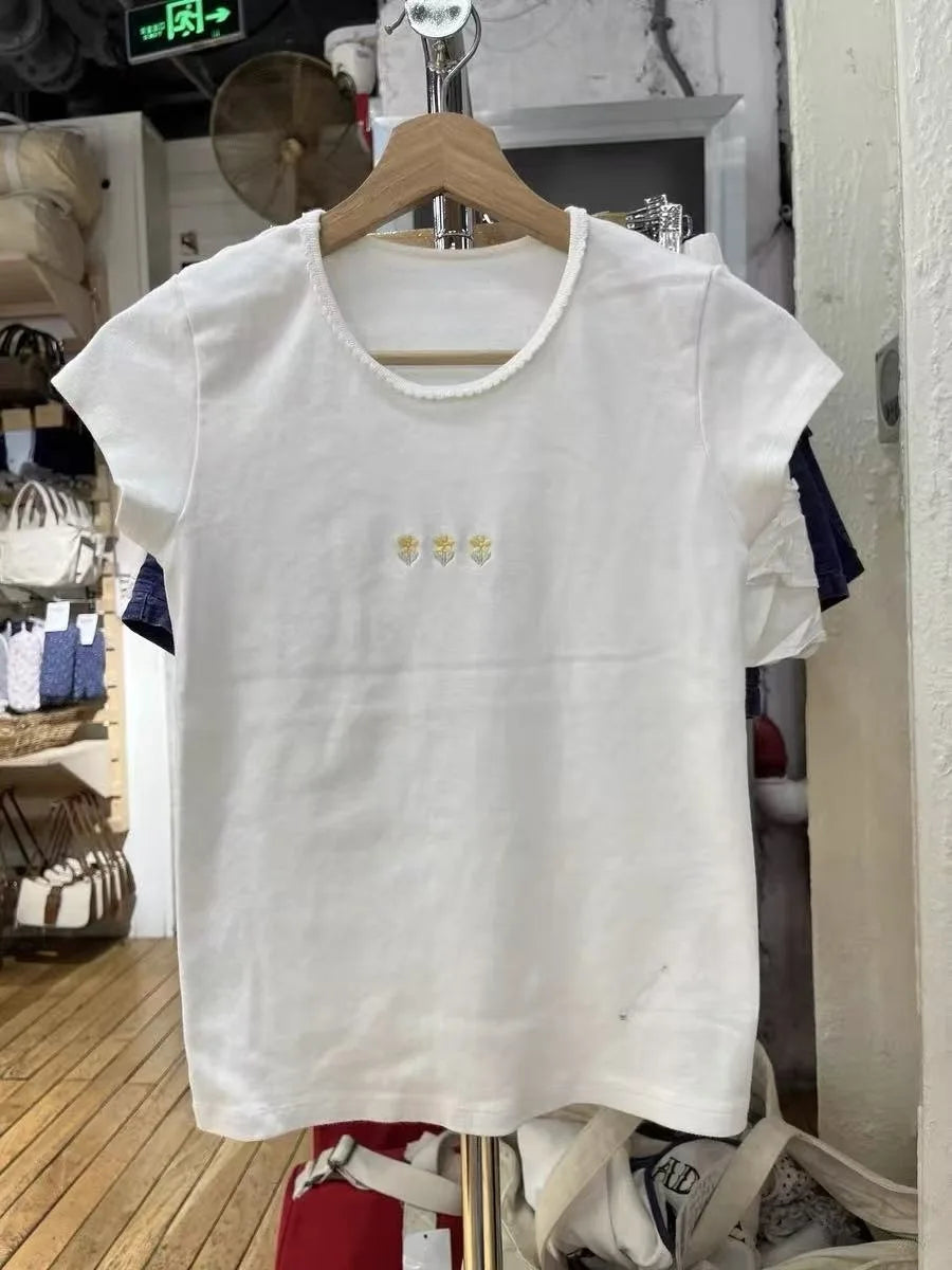 Vintage Red Letter Flag Embroidery Cotton T-shirt Women O-neck Summer Short Sleeve Tee Shirt American Slim Casual Crop Y2K Top