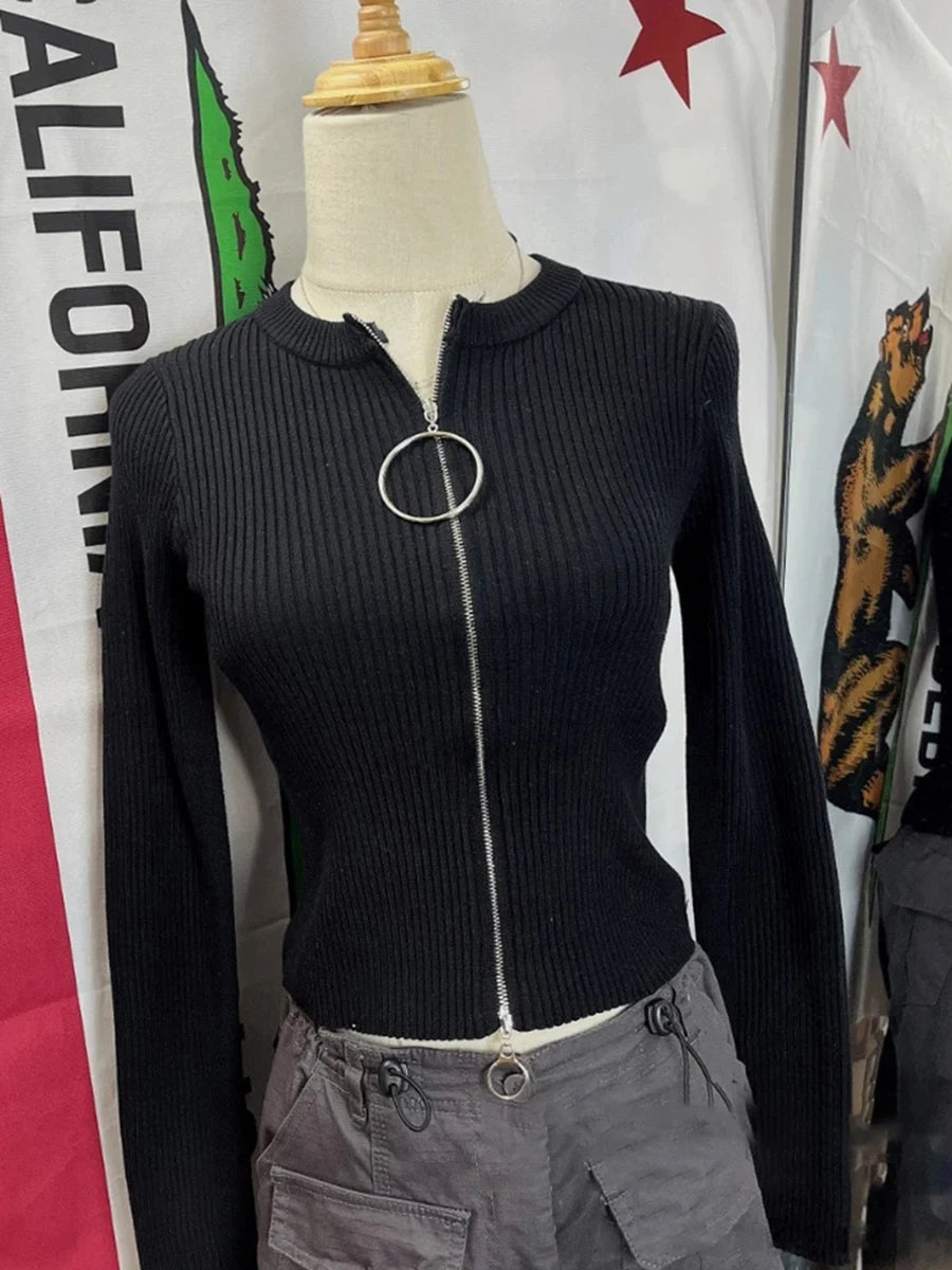 Simple Slim Short Knitted Cardigan Sweaters Women Casual Cotton Metal Ring Double Zipper Sweater Coats Vintage Simple Crop Tops