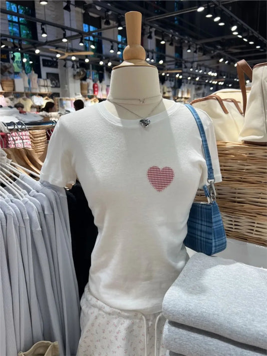 Sweet Plaid Heart Appliques T-shirt Women Summer Cotton O-neck Short Sleeve Tee Shirts Female Cute Preppy Style Tshirt Y2K Tops
