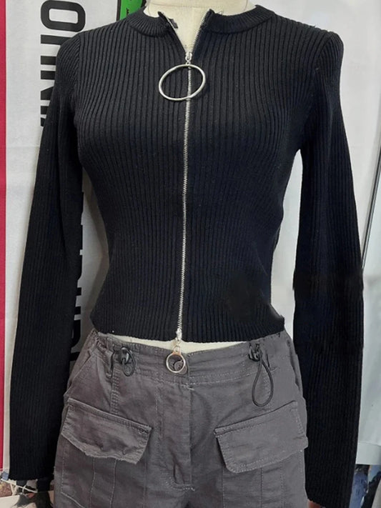 Simple Slim Short Knitted Cardigan Sweaters Women Casual Cotton Metal Ring Double Zipper Sweater Coats Vintage Simple Crop Tops