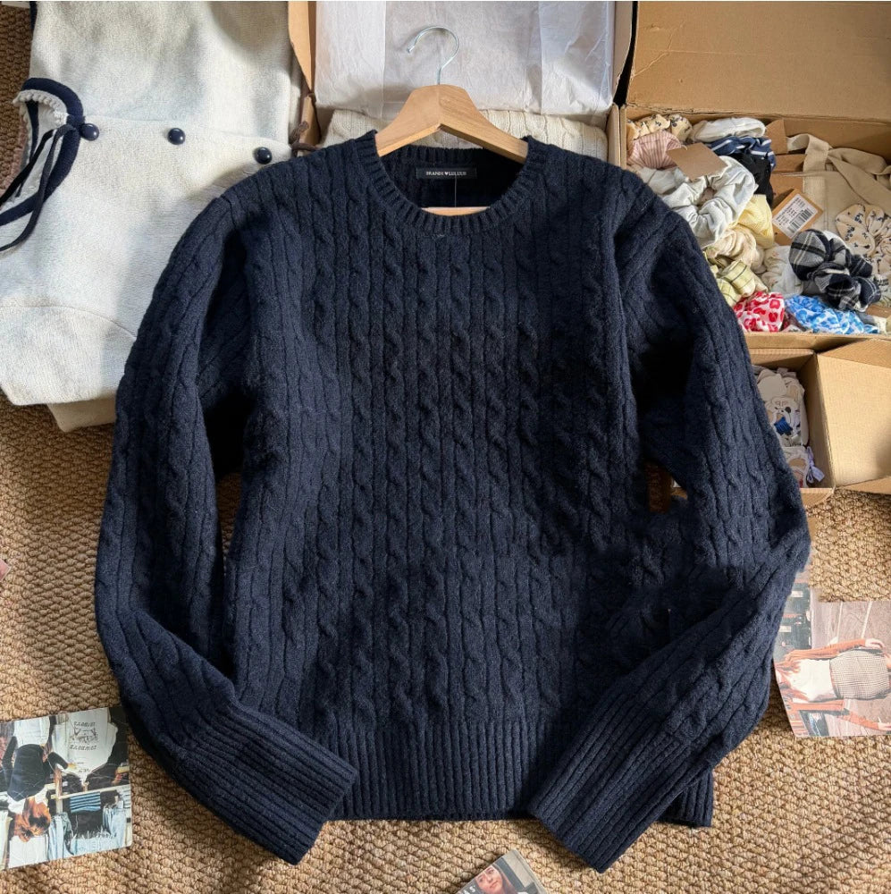 Beige Twisit O-neck Knitted Sweater Women Autumn New Casual Loose Long Sleeve Pullover Tops Simple Preppy Style Jumper Sweaters
