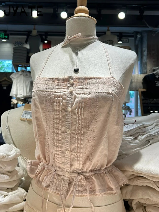 Sweet Pink Hollow Out Strappy Tank Tops Women Summer New Cotton Slim Ruffles Buttons Cropped Vests Vintage Sexy Chic Camis Y2K